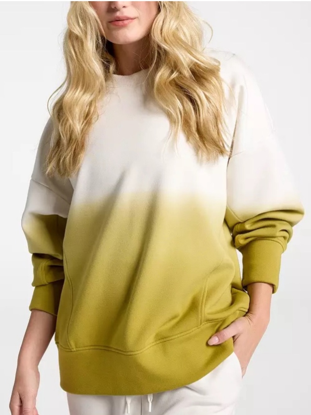 CALIA Soft Scuba Fleece Crew Sweatshirt Avocado Green Dip Dye Ombre NWOT Sz M